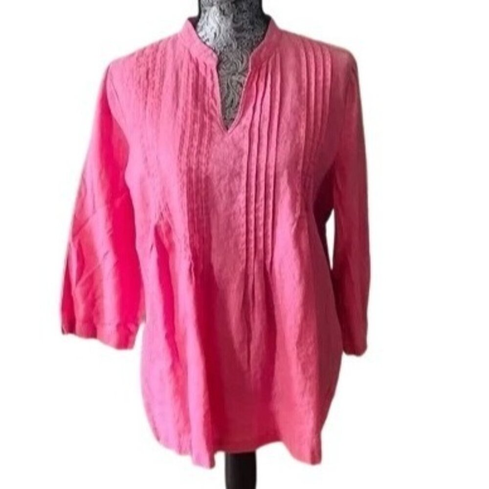 CHARTER CLUB Women Top SZ L100% Linen Pink Pleats 3/4 Sleeve Semi-Sheer Barbie